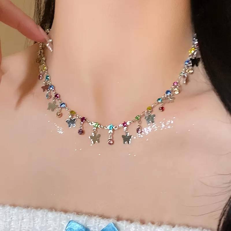 Fashionable Colored Synthetic Rhinestone Butterfly Metal Necklace Suitable for Women's Adjustable Necklace Jewelry