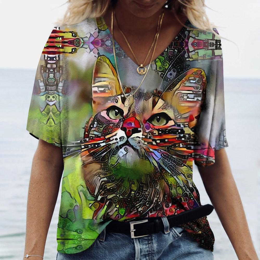 Summer V-neck 3D Cat Printed Top Fashionable Casual Short Sleeved Women's T-shirts