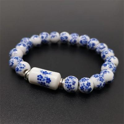 B21 Blau Weiß Muster Kreativität Porzellan Druck Exquisit Dehnbares Perlenarmband 8MM Pflaumenblüten-Perlenarmband Schmuck
