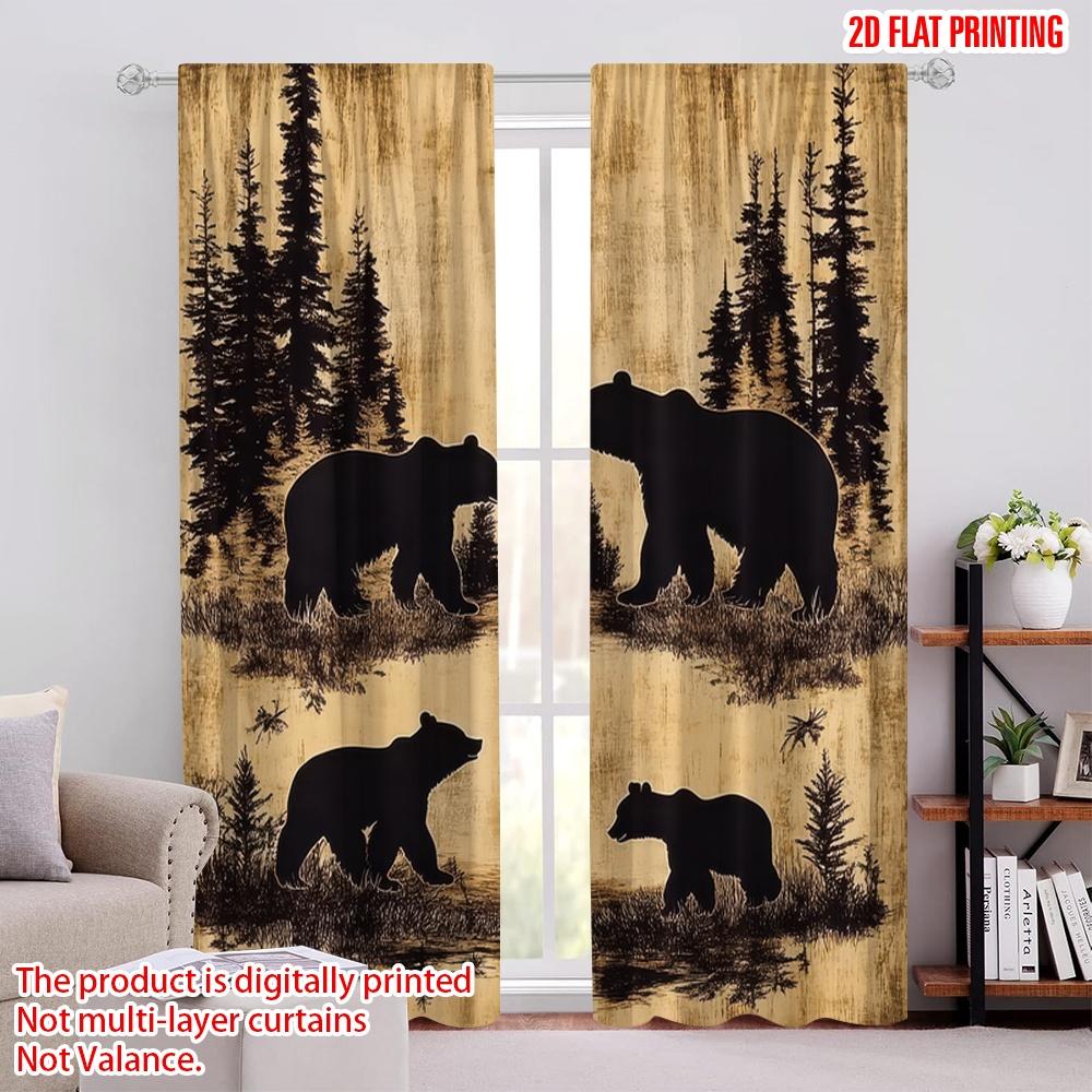 2D Flat Printing 2pcs Retro Bear Pattern Window Drapes Rod Pocket Design For Easy Installation Window Curtain For Living Room