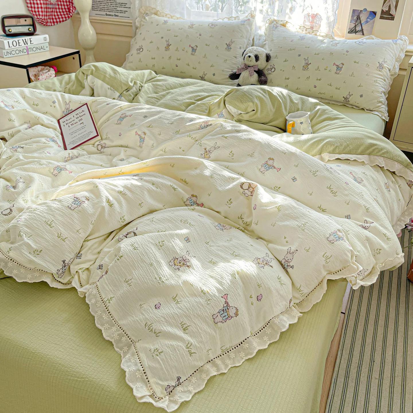 

Small fresh printing French lace lace double four-piece set bedding wrinkled yarn student three-piece set 1.2m sheet 3pcs