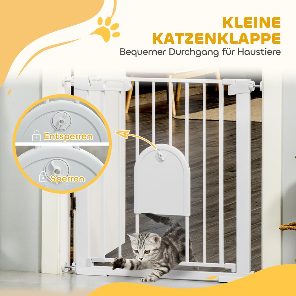 75-82cm Pet Safet Gaye, Pressure Fit Stair, with Cat Flap, Double Locking, White
