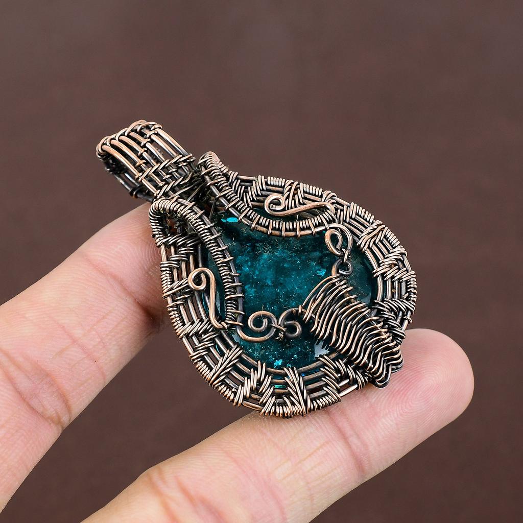 Natural Blue Baltic Amber Gemstone Handmade Copper Wire Wrap Pendant 2.36" N2p08