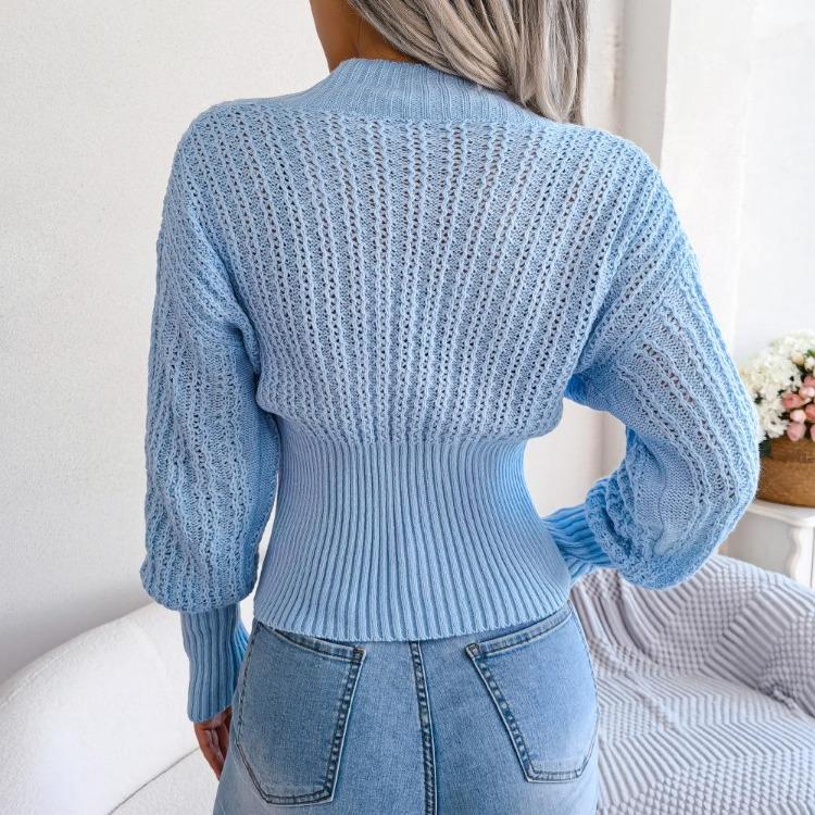 Women Autumn Winter High Waist Solid Color Pullover Sweater V Neck Hollow Bat Sleeve