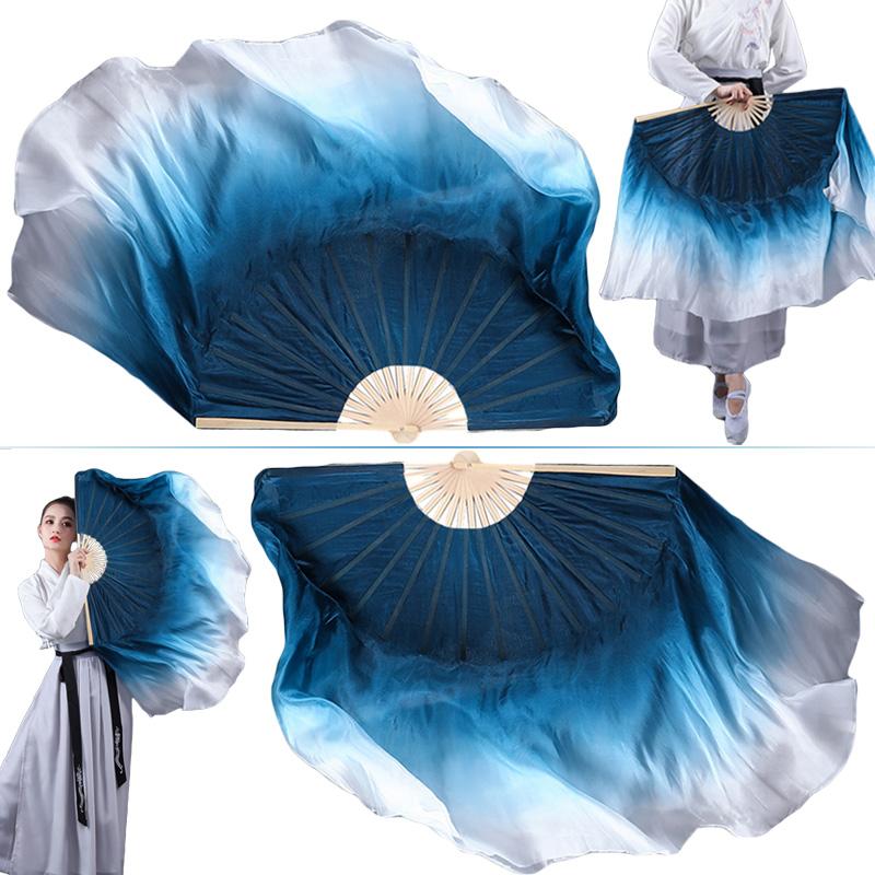 Classical Dance Fan Gradient Ink Blue Silk Double-Sided Extended Veil Folk Classical Dance Hand Fan Yangko Dance Performance Fan