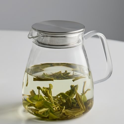 OULOVECO Glass Teapot with Stainless Steel Filter, Transparent Teapot for Hot and Cold Water, Non-Slip Lid, Large Handle, Suitable for Drinking Hot or