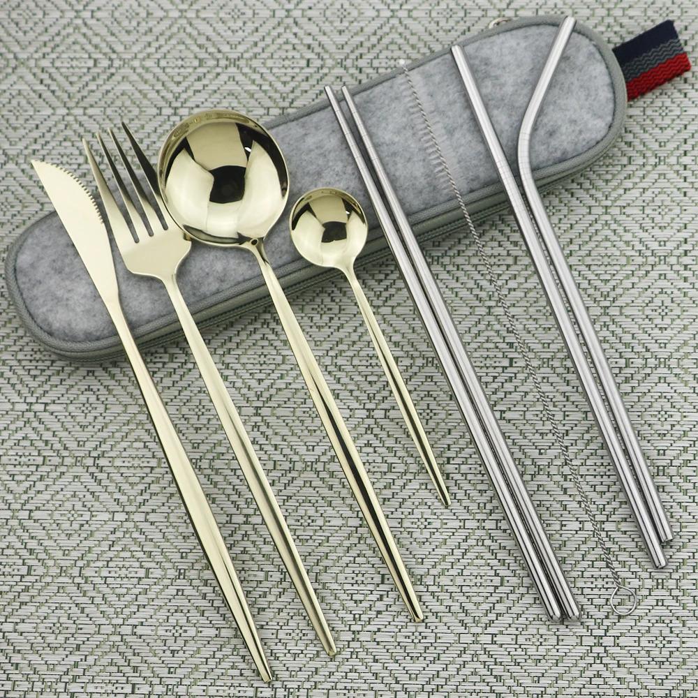 9pcs/Set Travel Cutlery Set Portable Gold Dinnerware Set Stainless Steel Tableware Set With Metal Straw Brush Chopsticks Bag
