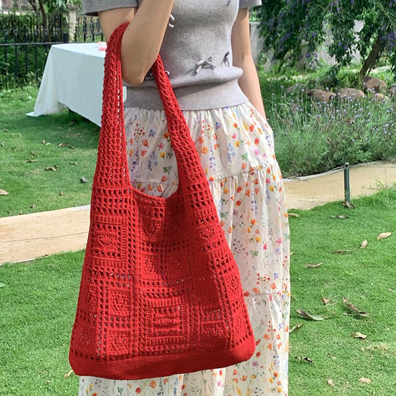 Simple Crochet Tote Bags Fashi Hollow Knitted Women's Bags Casual Female Shoulder Bags Ladies Shopping Top-Handle
