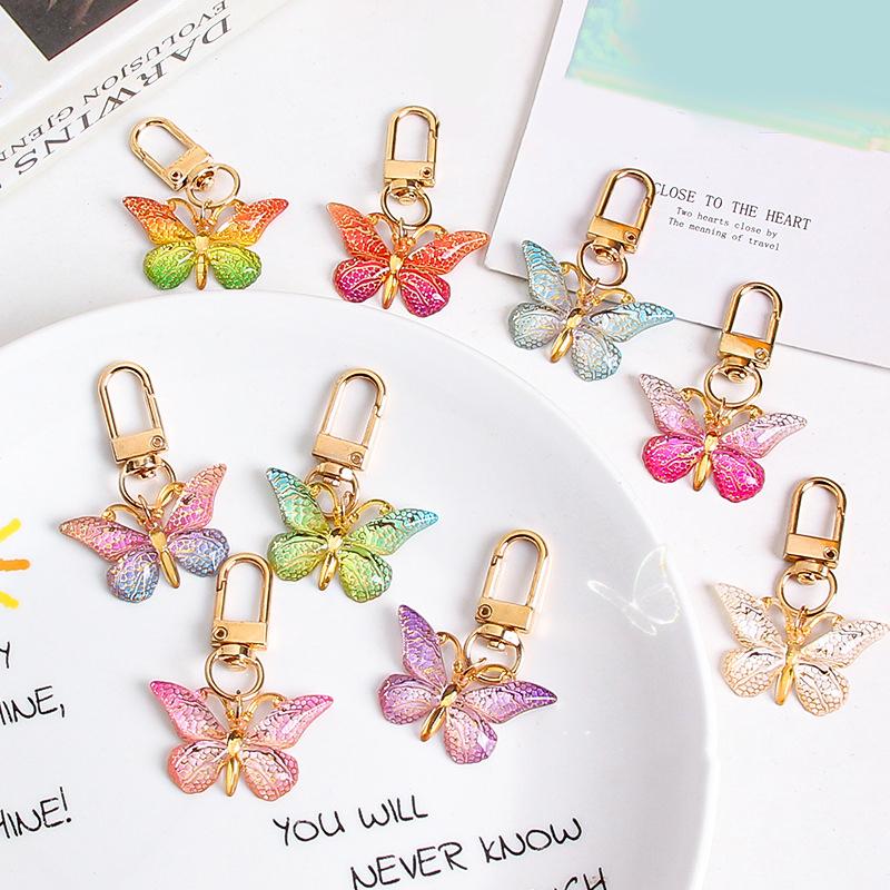 Gradiente Colorido Borboleta Acrílico Chaveiro Bolsa Pingente Decorações Para Mulheres Meninas Delicado Chaveiro Acessórios Presentes