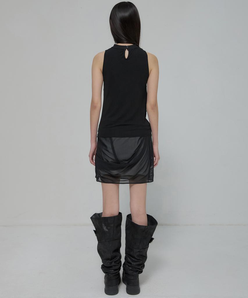 Peulleeoeob Draped Mesh Layered Mini Skirt (Fl-265_Black)