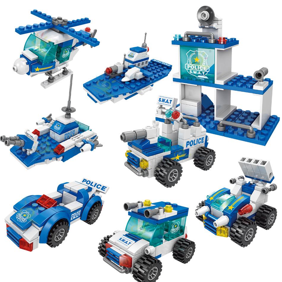 700PCS 8in1 City Police Command Trucks Building Blocks Policeman Robot Car Helicopter Model Bricks Toys for Children