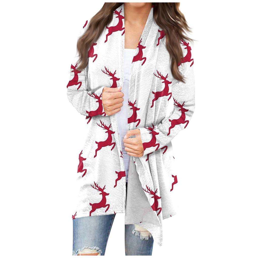 Damenmode, lässig, Weihnachtsdruck, mittellanger Cardigan-Jackenmantel