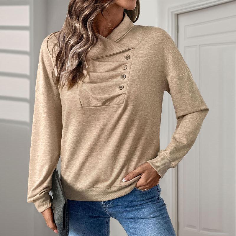 Baifen Zhiyi 2025 Casual Irregular Button Stand Collar Solid Color Hoodie