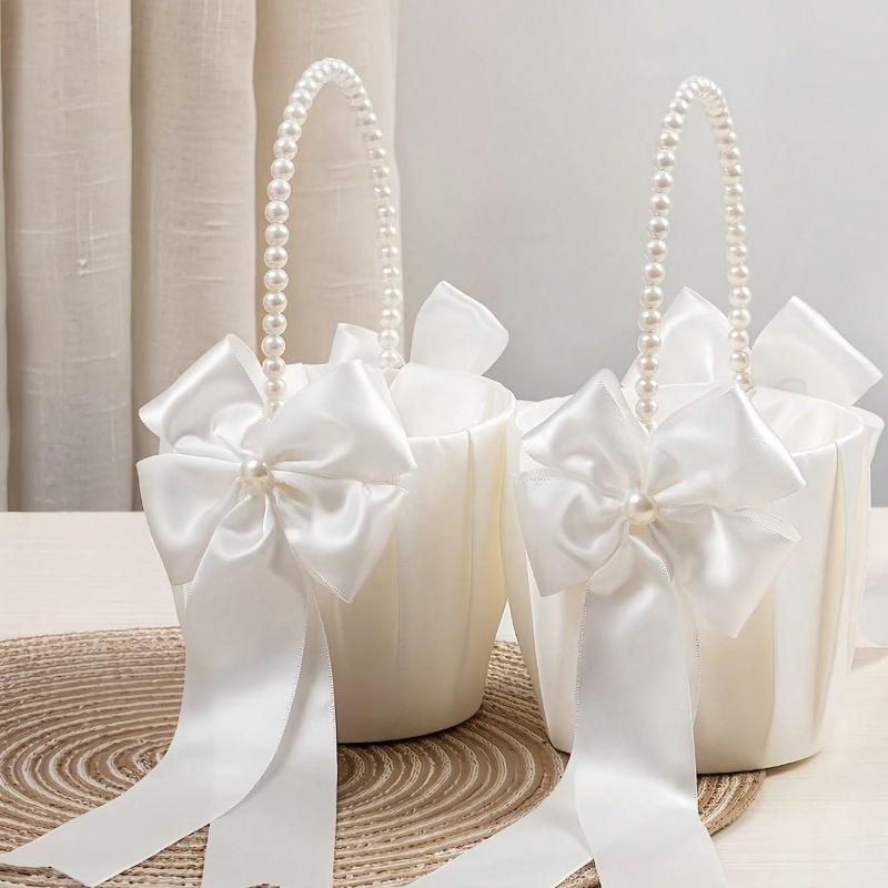 1Pc Bow Faux Pearl Wedding Flower Basket White Bow Flower Basket Satin Flower Basket Suitable For Party Decoration Gifts