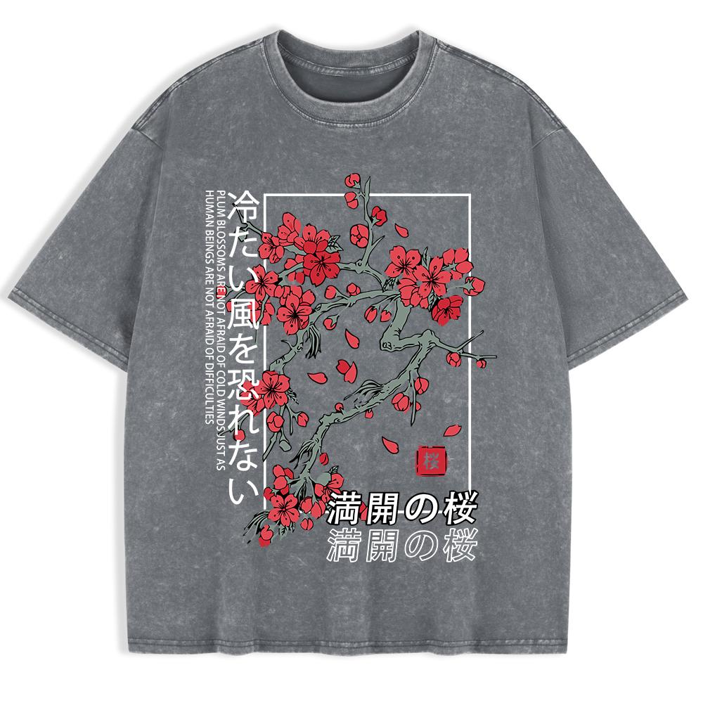 Japan Tokyo Körsbärsblomma Tryckta Tvättade T-shirts Herr Bomull Kortärmade Toppar Sommar Rund Hals Överdimensionerad T-shirt Kläder