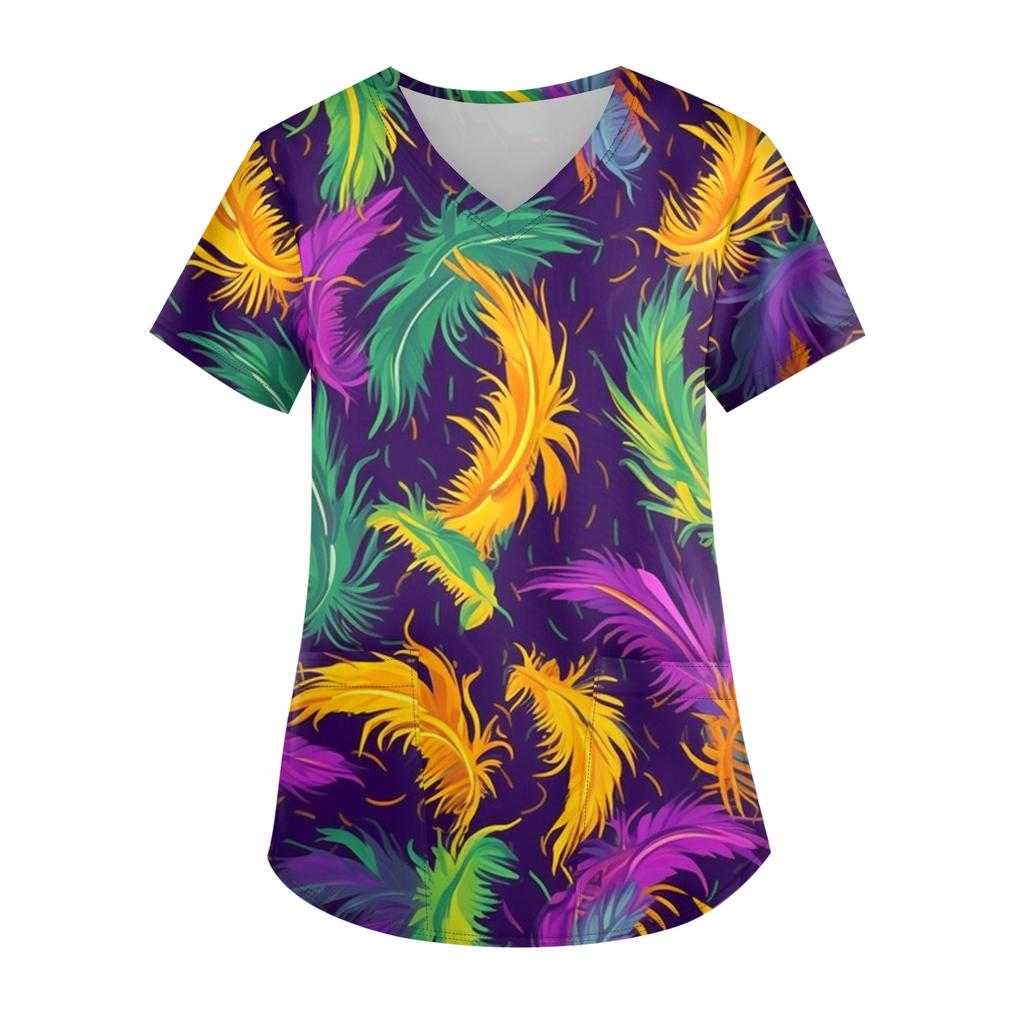 Ladies' Carnival Printed Fashion V-neck Pocket Short Sleeved Nurse's Wear And Worker's Top
