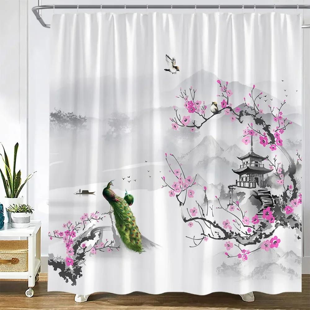 Ink Landscape Shower Curtains Red Flowers Plants Peacocks Birds Mountain Pavilion Chinese Style Art Fabric Bathroom Decor Sets