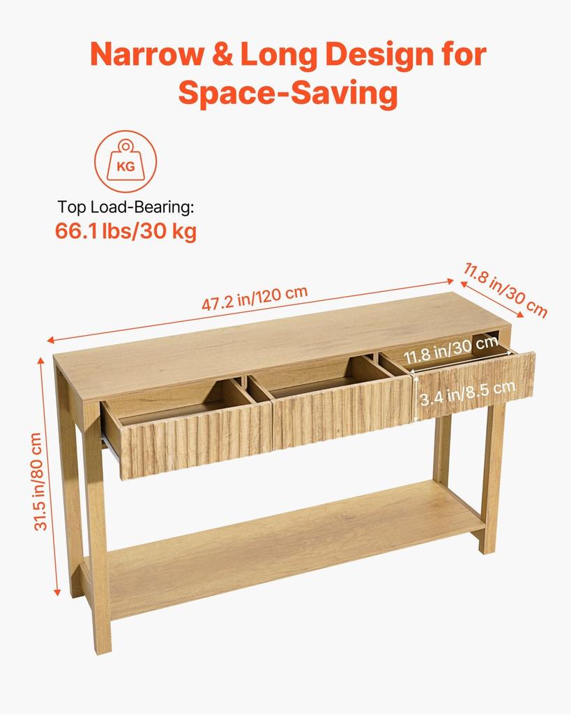 120 Cm Console Table, Farmhouse Desk Behind the Couch with Drawers and Bottom Storage Shelf, Wooden Rectangle Entrance Narrow Sofa Table for Hallway,