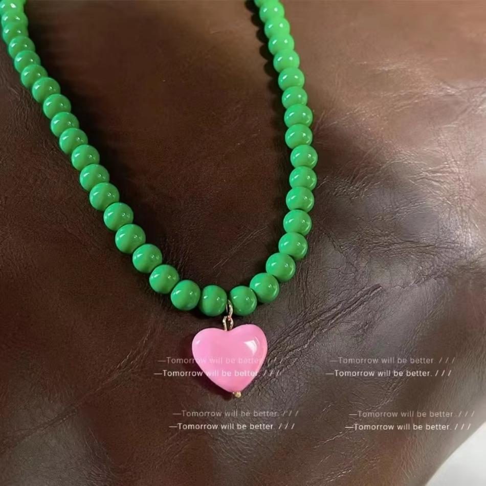Candy Color Heart Necklace Fashion Girl's Vintage Sweet Pink Heart Pendant Earrings Freshwater Pearl Contrast Earring Design
