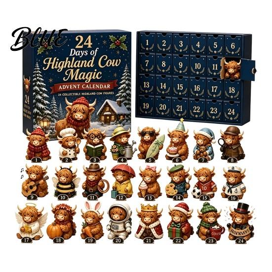 Desktop Holiday Ornaments 24 Days of 3D Highland Cow Christmas Advent Calendar, Cute Farm Party Favors Cattle Countdown Calendar with Mini Figurines