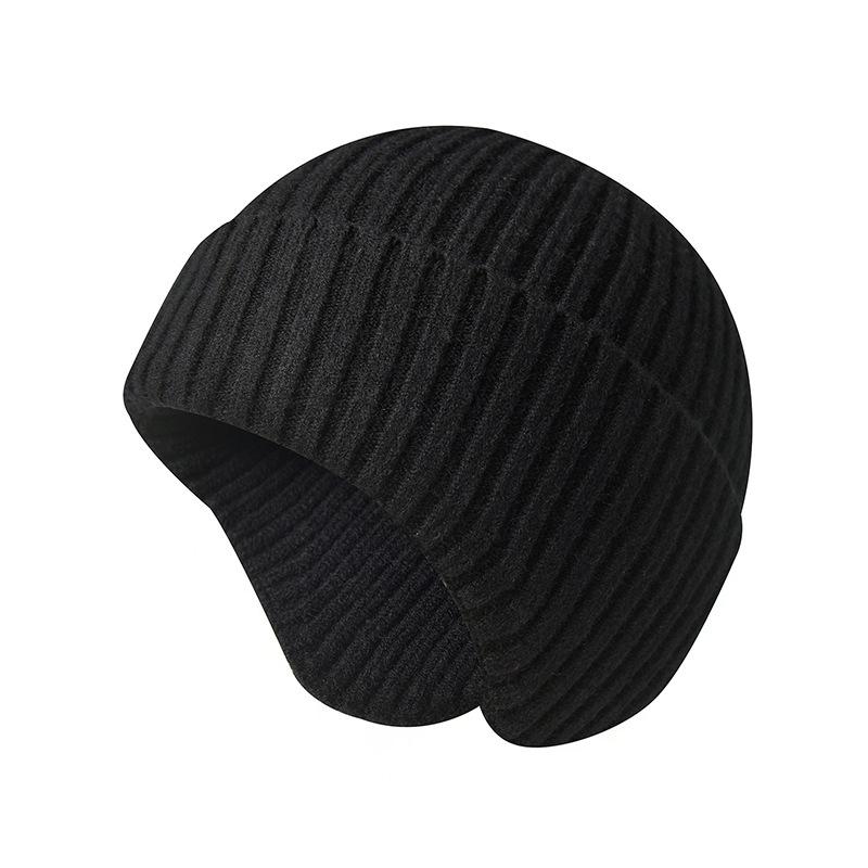 Unisex Autumn/Winter Solid-Colour Knitted Beanie with Ear Flaps Couples' One-Piece Winter Cycling Beanie Windproof One-Piece Cold-Weather Beanie