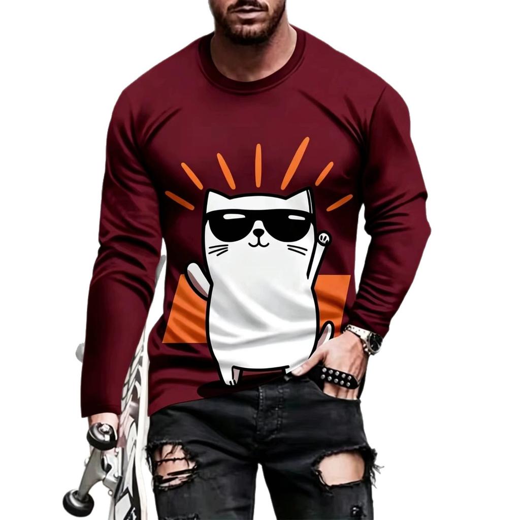 Autumn and Winter Men's Sunglasses Kitten 3D Printed Crew Neck Long-sleeved T-shirt