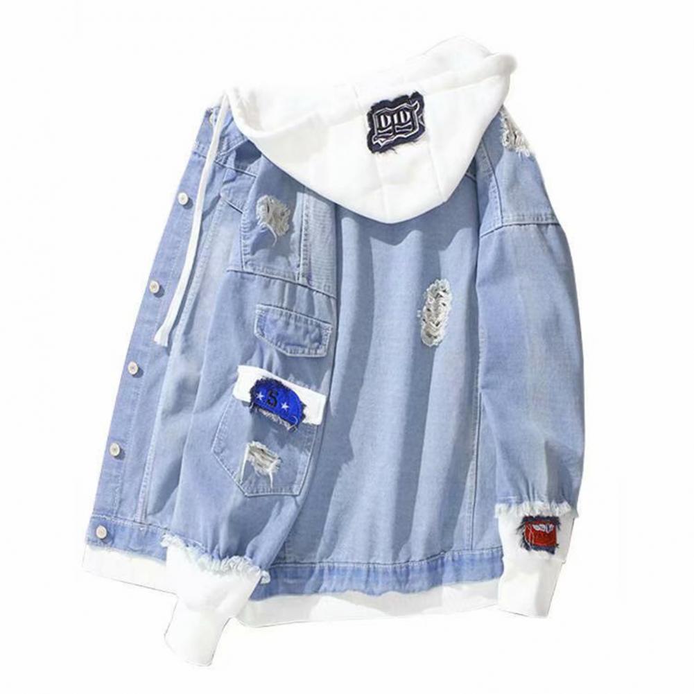 

Мужское весеннее пальто с капюшоном, искусственный двухсекционный однобортный свободный кардиган с длинными рукавами, рваный накладной карман, повседневный мужской XL светло-синий