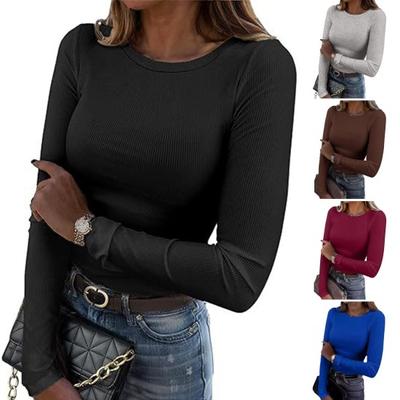 Tops de Punto para Mujer Manga Larga Acanalado Top Básico Ajuste Regular Ligero Cuello Redondo