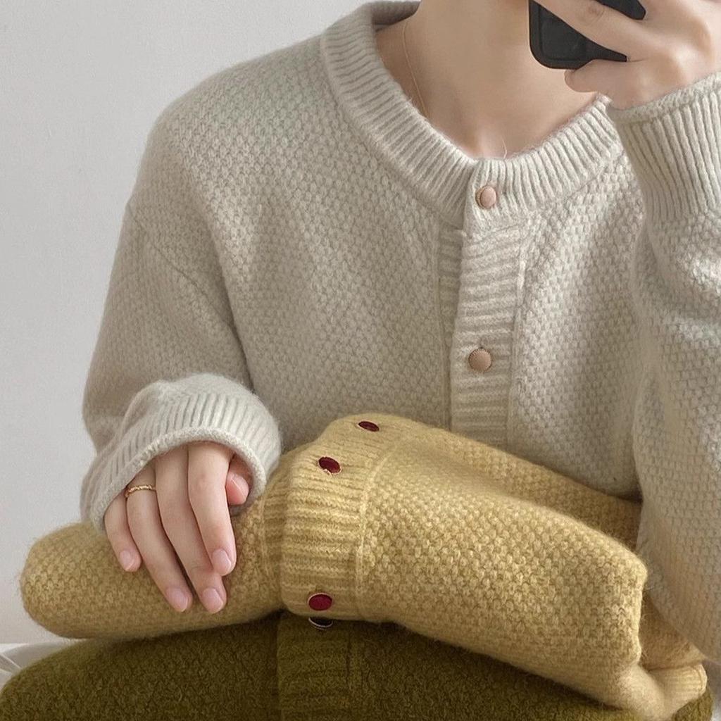 Lazy Style Round-neck Yellow Sweater Jacket for Women Spring and Autumn Knitted Cardigan Loose Solid Color Long-sleeved Casual Sweater Cardigan