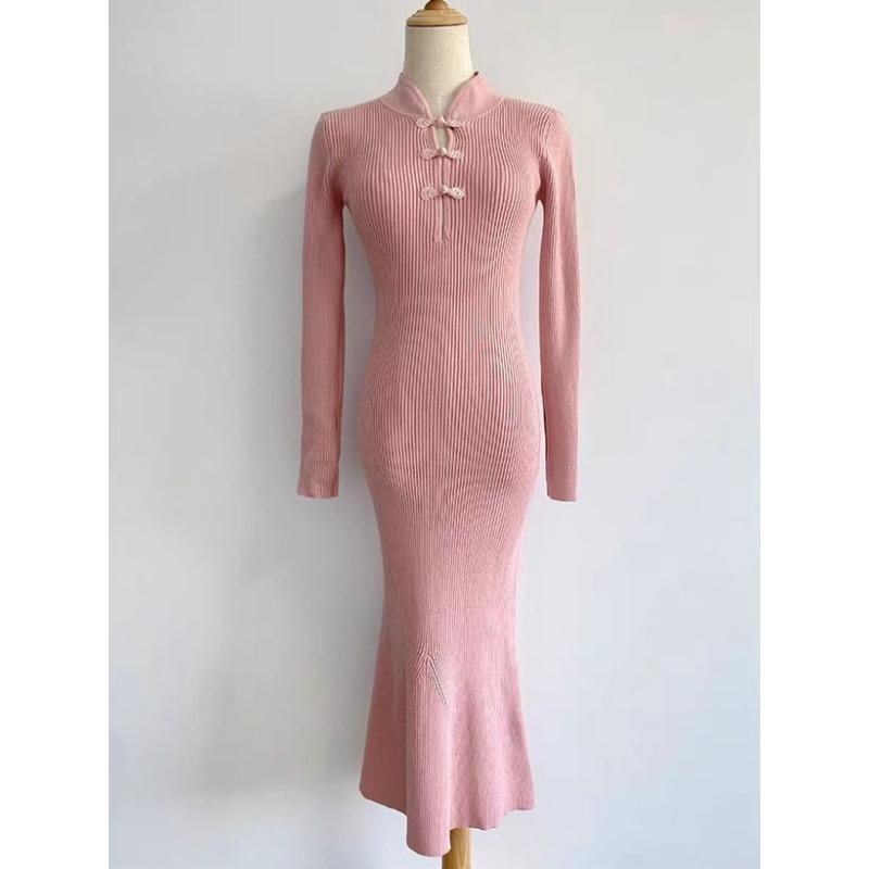 Button Improved Cheongsam Pink Knitted Dress Women's Autumn and Winter New Slim-fit Hip-wrapped Long Skirt