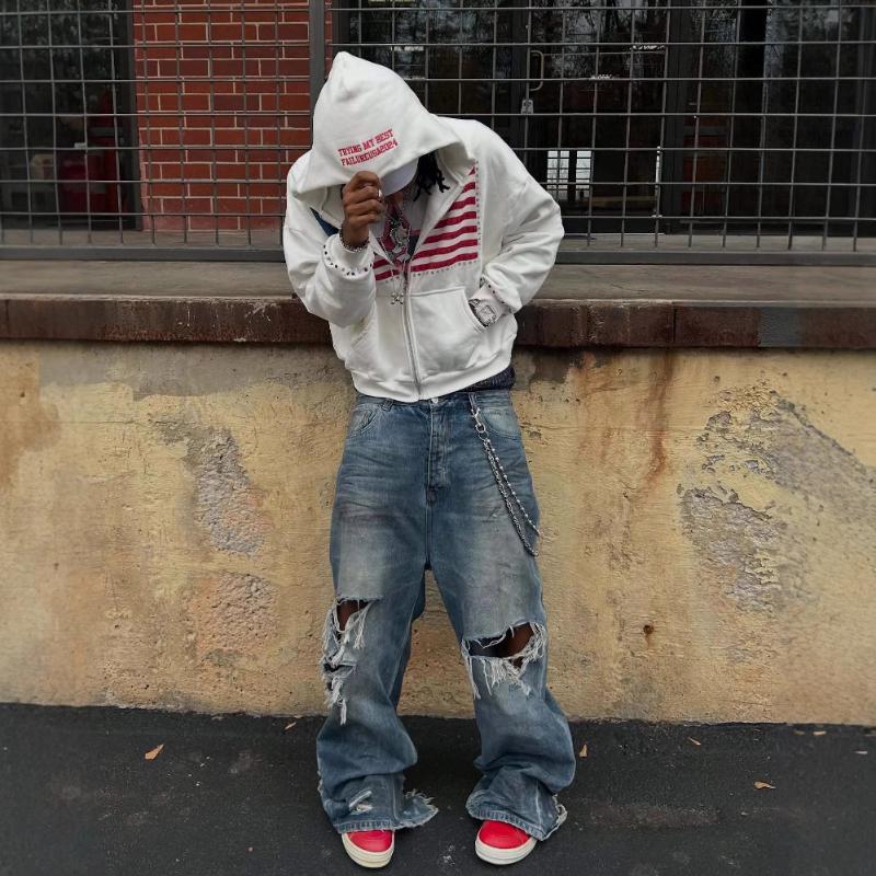 Evropská a americká Y2K mikina s kapucí s potiskem písmen, kapsou, personalizovaný trendy volný hip-hopový kardigan