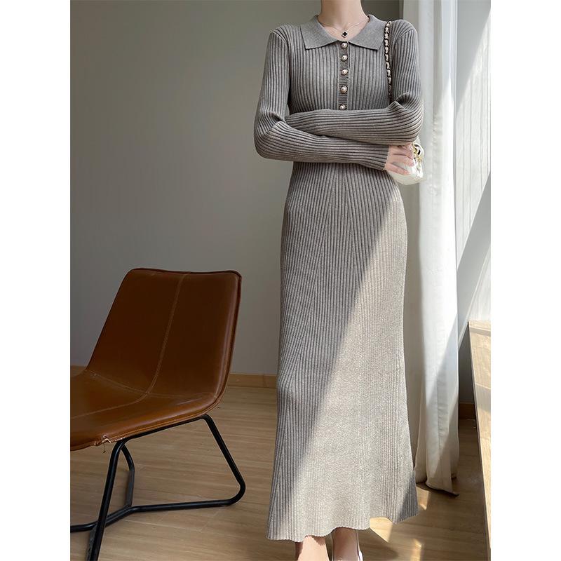 Women's Extra Long Slimming Knitted Polo Collar Dress for Autumn and Winter