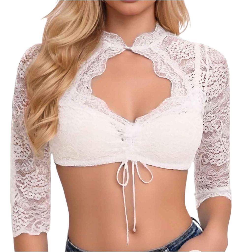 Women's Lace Crop Top Oktoberfest Dirndl Blouse Half Sleeve Traditional Bavarian Festival Shirt with Front Tie Detail