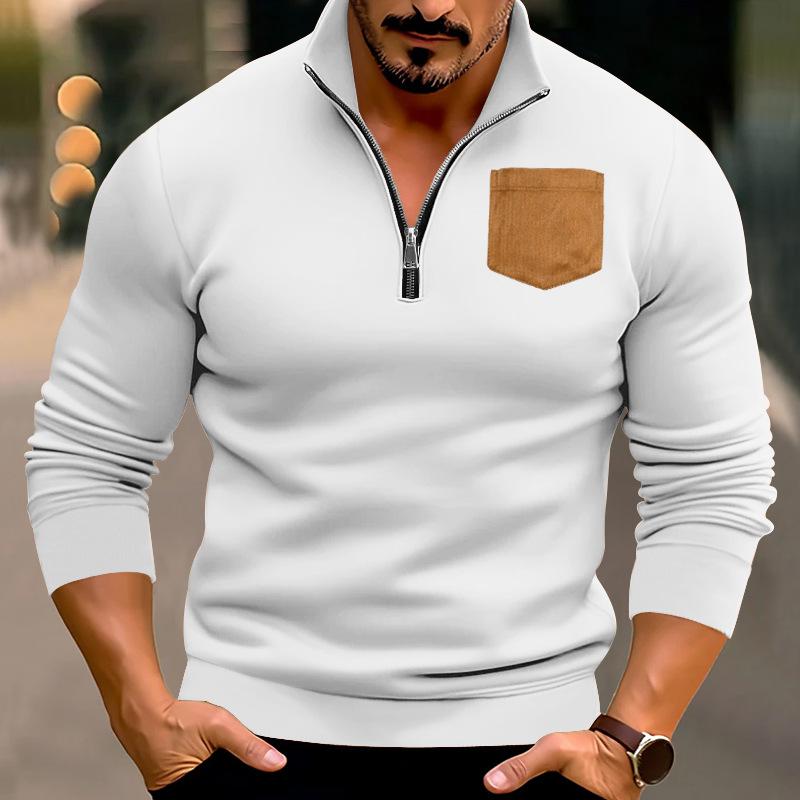 

New Casual Men s Half-Zip Stand Collar Patch Pocket Thick Hooded Sweatshirt Oversized Top S белый