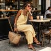 Loose Striped Wide Leg Jumpsuit for Women, Square Neck Sleeveless Wide Leg Rompers with Pockets, Casual Summer One Piece Outfit