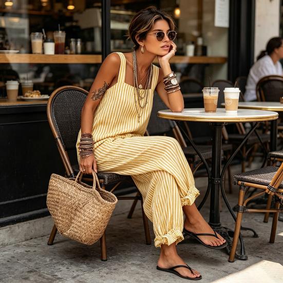 Loose Striped Wide Leg Jumpsuit for Women, Square Neck Sleeveless Wide Leg Rompers with Pockets, Casual Summer One Piece Outfit