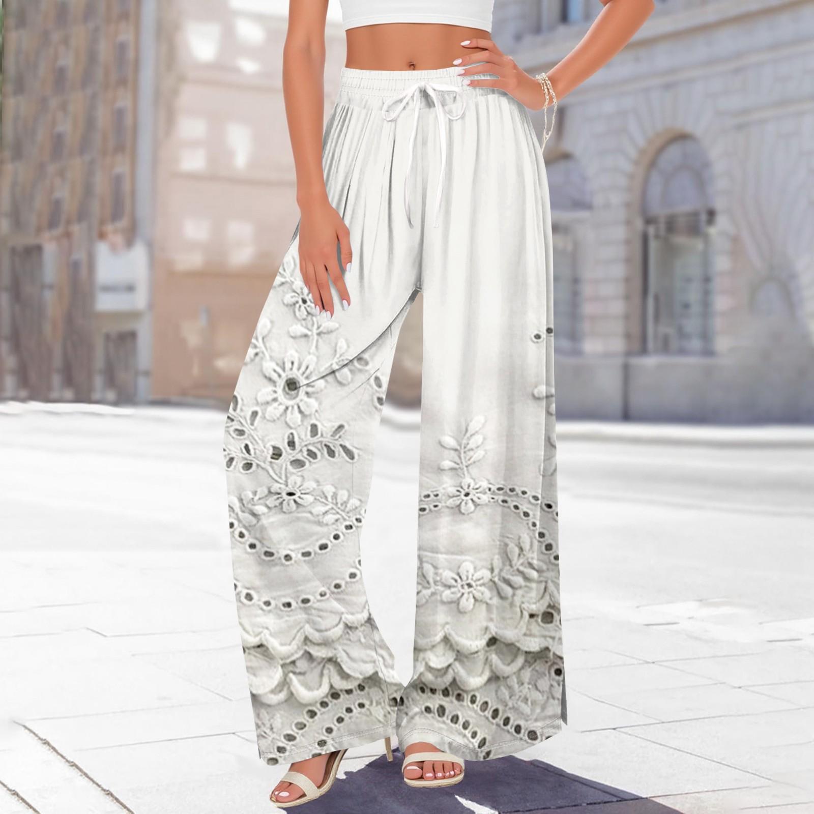 

Женские брюки с принтом и широкими штанинами, с карманами, с высокой талией, на кулиске, свободные, повседневные XL белый