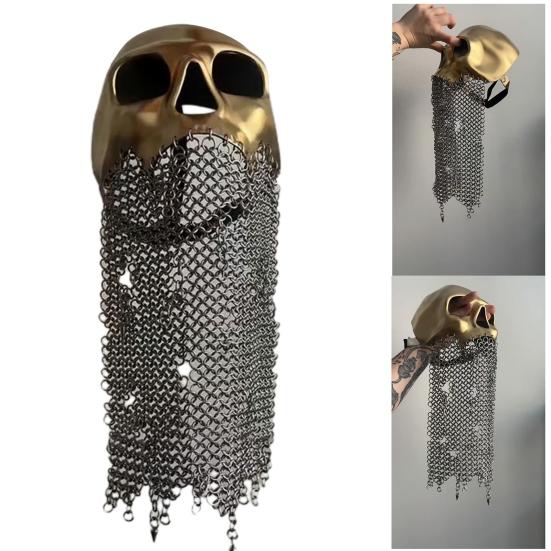 Medieval Skull Armor Masque with Chainmail Metal Skull Helmet Gothic Cosplay Costume for Halloween LARP Festivals Accessory