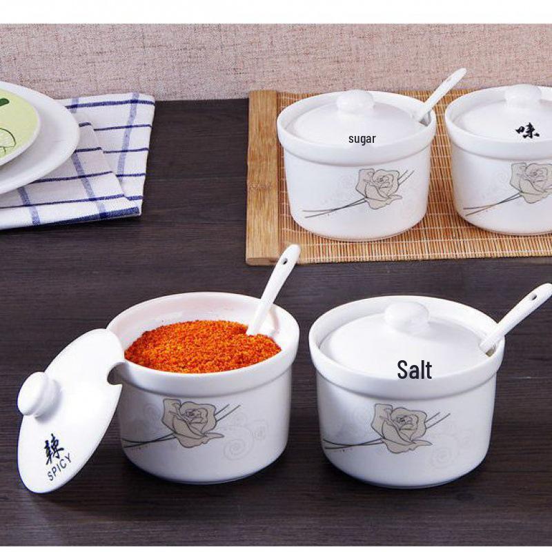Ceramic Spice Jar Set with Lid & Spoon - Perfect for Salt, Sugar, Chili, or Oil