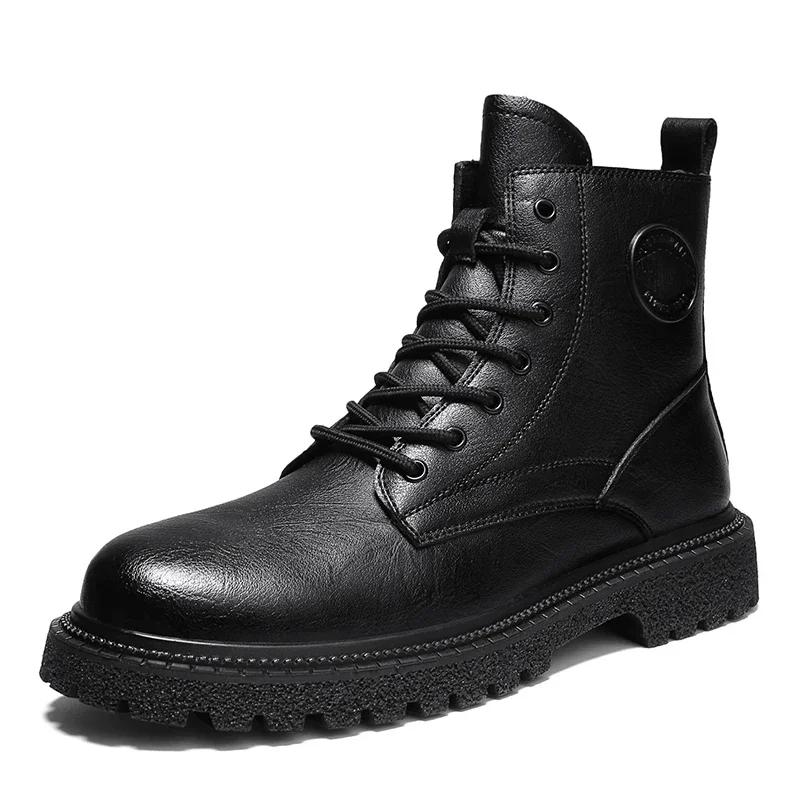 Winter Plush Mens Lace Up Leather Boots Genuine Leather Boots British Style Casual High Top Leisure Side Zipper Motorcycle Boots