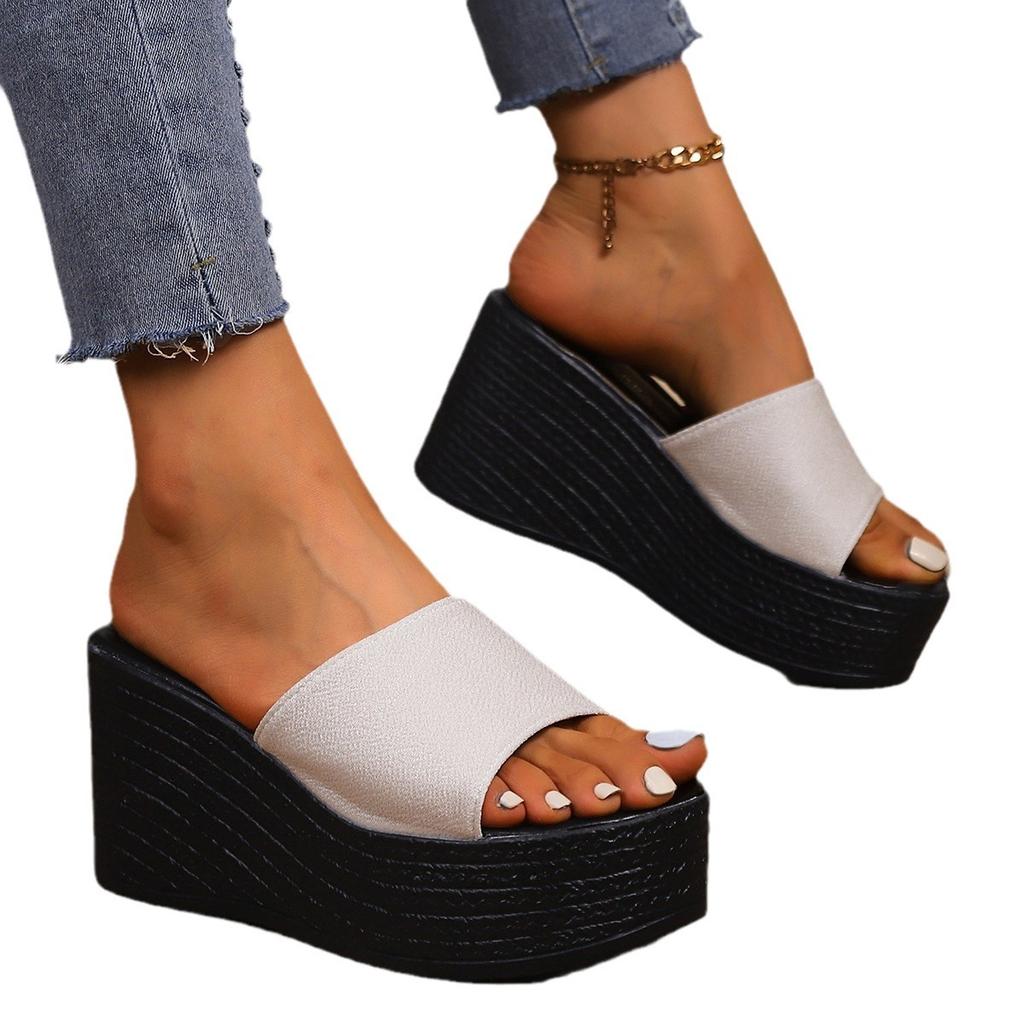 Windhangabsatz dicker Boden runder Kopf offene Zehen Damen Hausschuhe lässig Muffin unten einfarbig Ein-Wort coole Hausschuhe