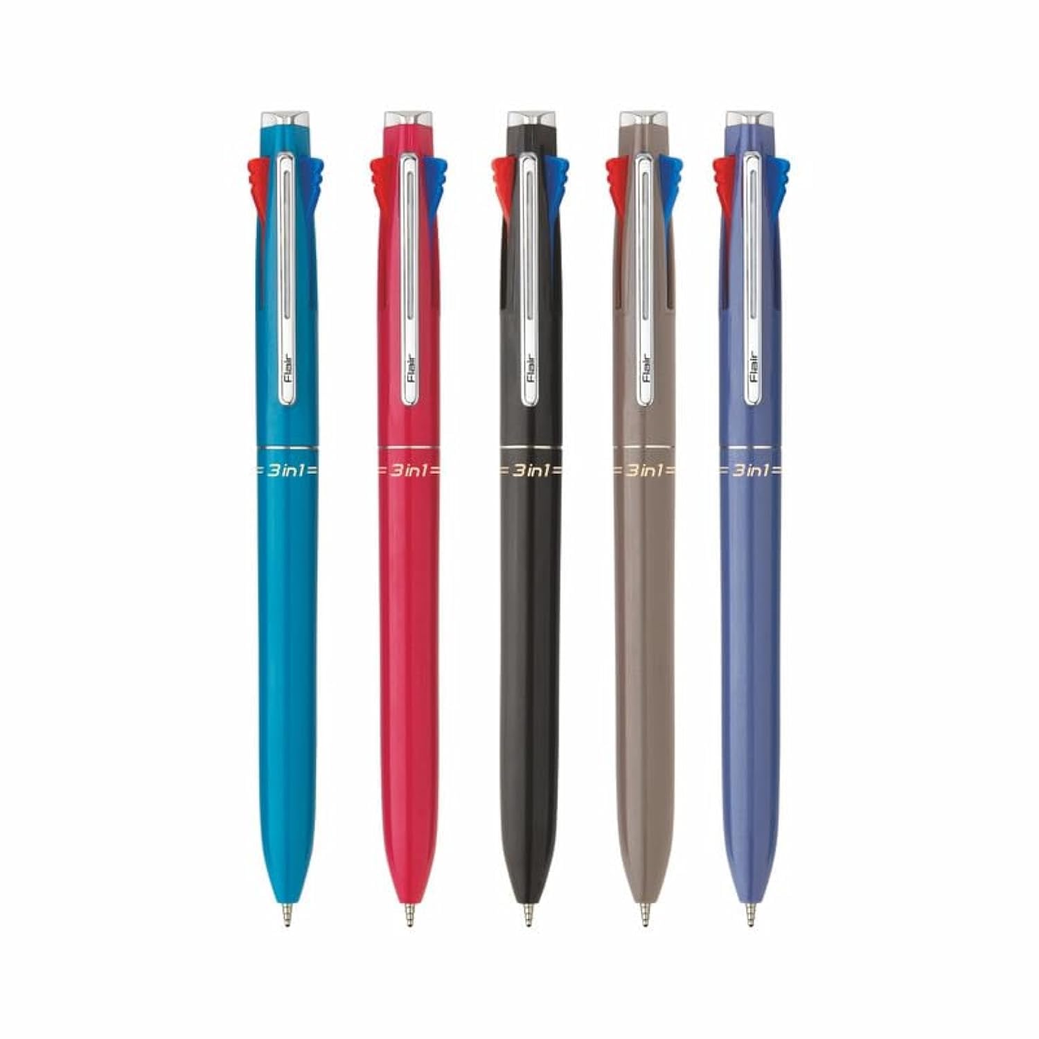 

FLAIR 3 in 1 Retractable Ball Pen Pack of 5, Multi Color Ink Pen Blue Black Red for Office School Writing Smooth Use
