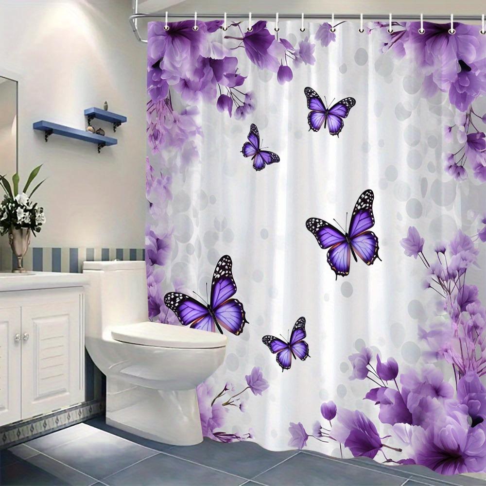 Lavender Flowers And Butterflies Shower Curtain Washable Dirt-Resistant Shower Head Waterproof Polyester Bath Curtain