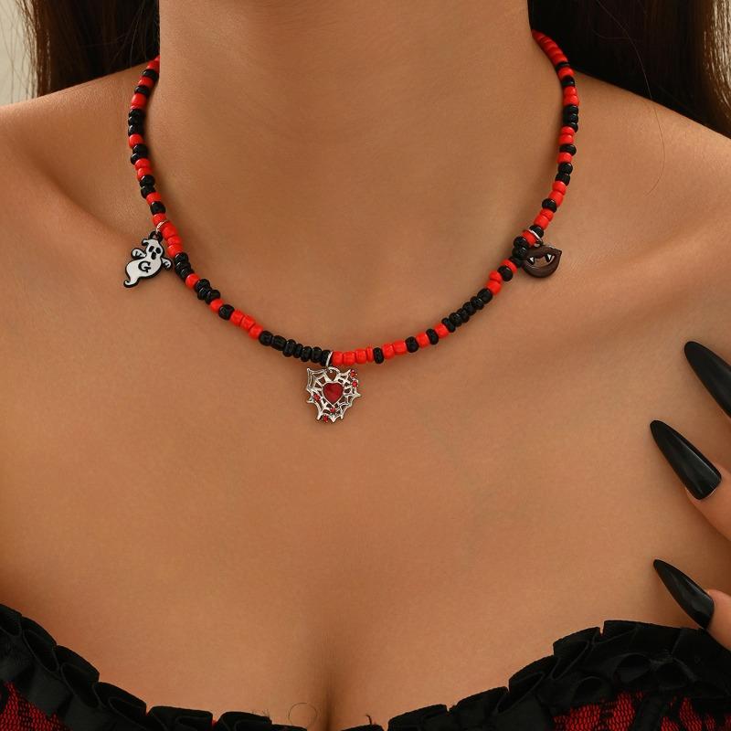 Halloween Necklace Funny Pumpkin Ghost Cat Pendant Horror Contrasting Color Rice Bead String Chain Collarbone Chain
