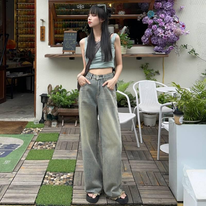 American Retro Loose Wide-Leg Light Wash Jeans - Women s Summer Slimming Straight-Leg Floor-Length Pants S
