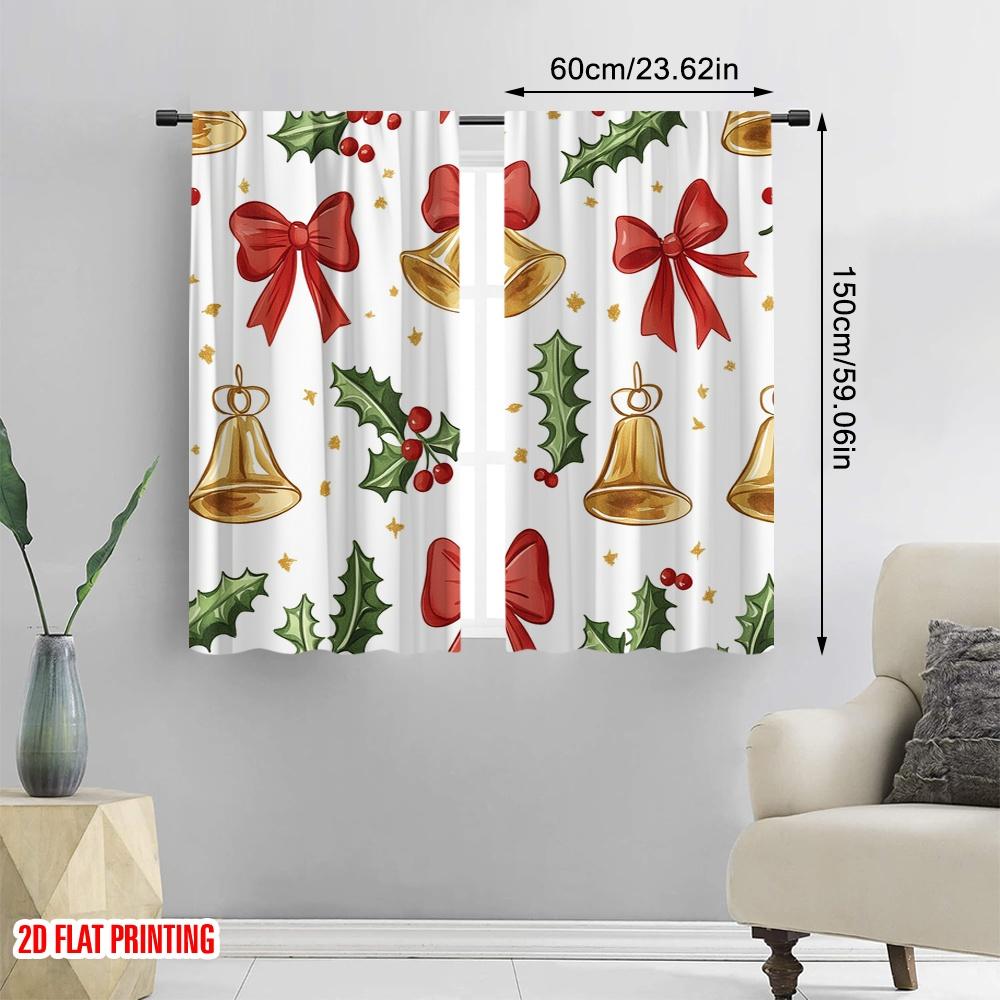 2 Stück, 2D-Flachdruck Vorhänge & Fensterdekoration Weihnachtsglocken Stechpalme Schleifen_a (4) Strapazierfähiger 100% Polyesterstoff (ohne Stange)