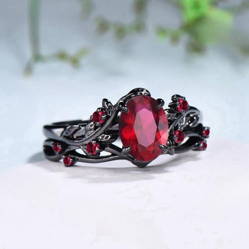 Exquisite Black Color Round Flower Red Stone Rings for Women Jewelry Anniversary Rings Gift