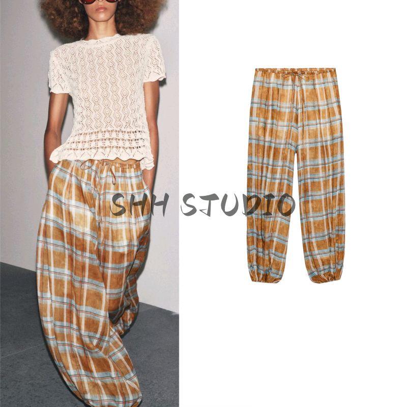 Autumn New Women clothes Lace-up Decoration Fluffy Pants Mid-Waist Ramie Blended Plaid Bloomers 8369034