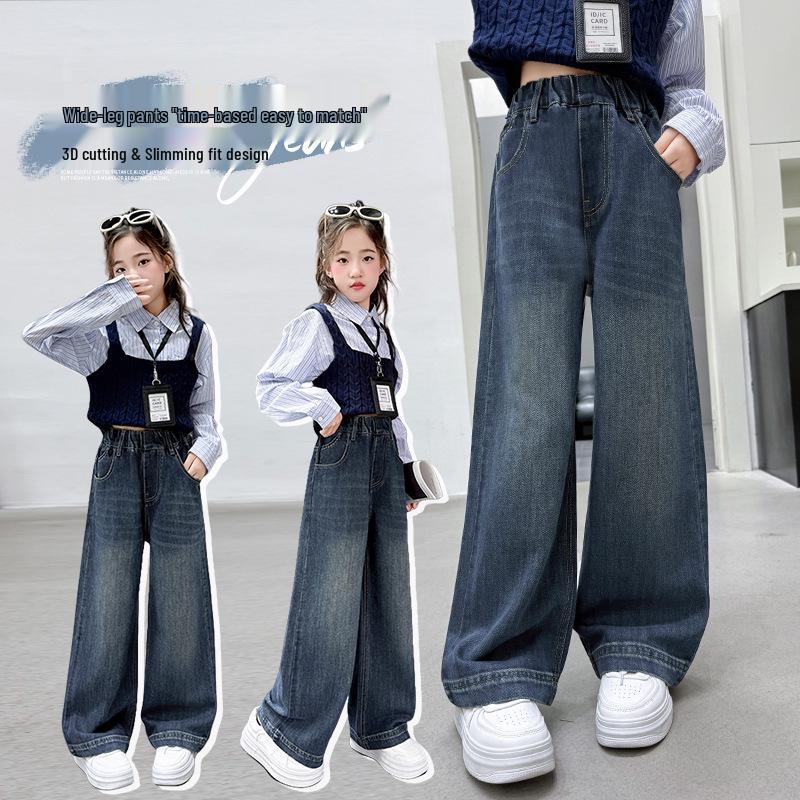 Girls' Stylish Wide-Leg Jeans with Pocket Embroidery - Autumn 2025 Collection