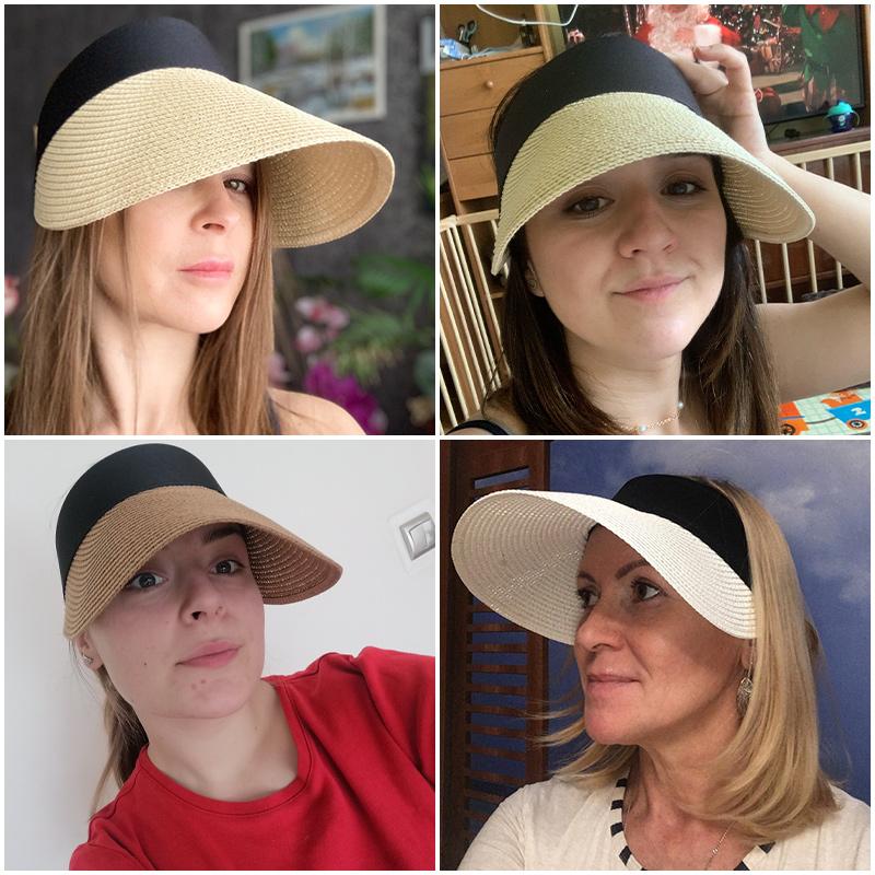 Magic Tape Panama Women Straw Hat Empty Top Summer Hat Sun Protection Outdoor Sports Fishing Beach Cap Elegant Street Cap